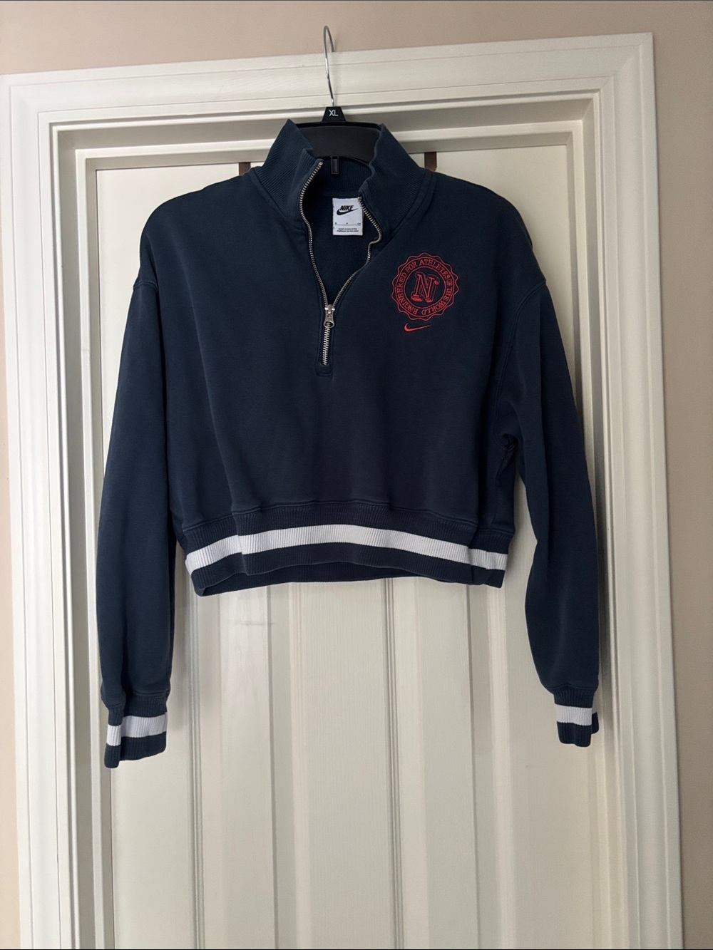 Nike Womens Navy Cropped Quarter-Zip Sweatshirt with Red Logo